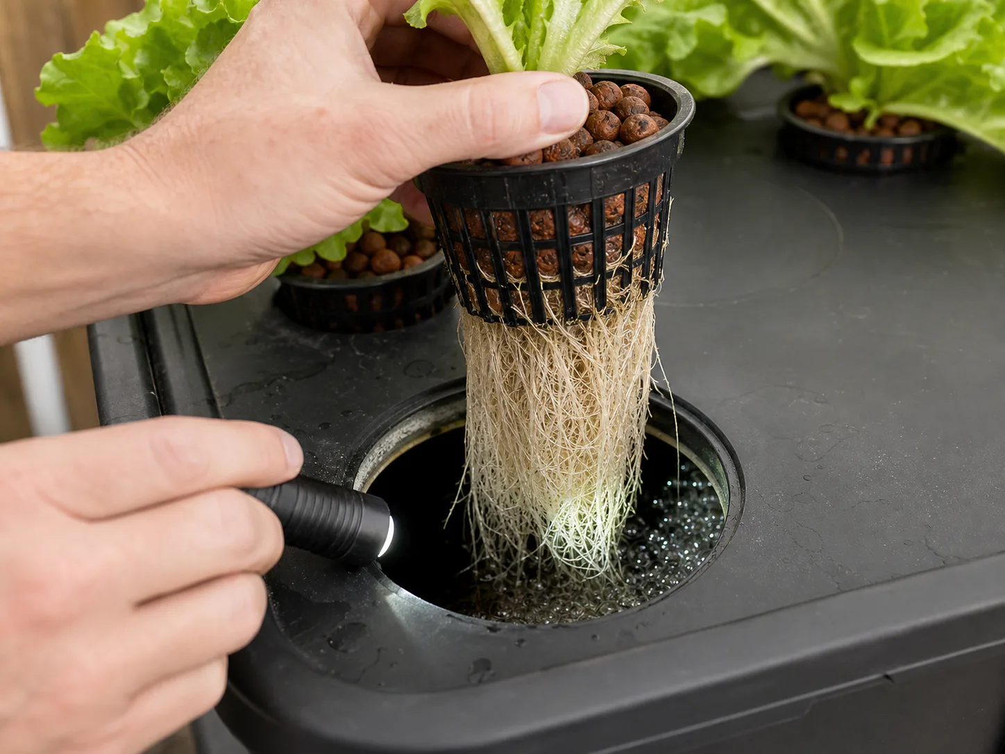 Inspection réaliste des racines d’un panier hydroponique