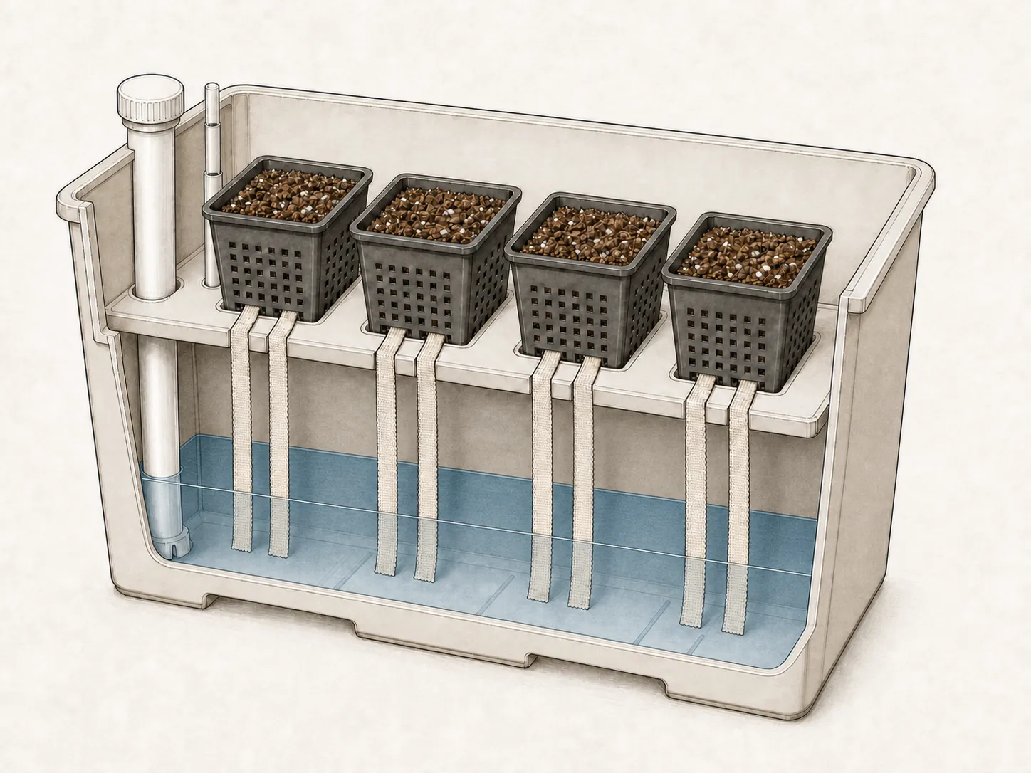 Plan architecte d’une jardinière capillaire passive à quatre pots