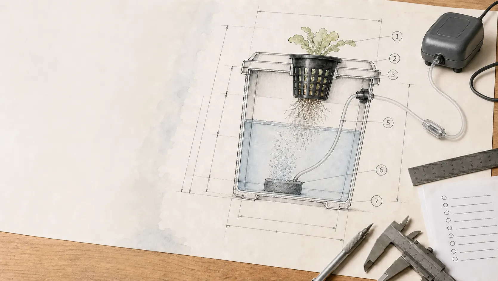 Plan d’architecte d’un système DWC réparable avec panier, racines, tuyau d’air et bulleur